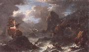 unknow artist A coastal landscape with shipping in a storm,figures shipwrecked in the foreground France oil painting artist